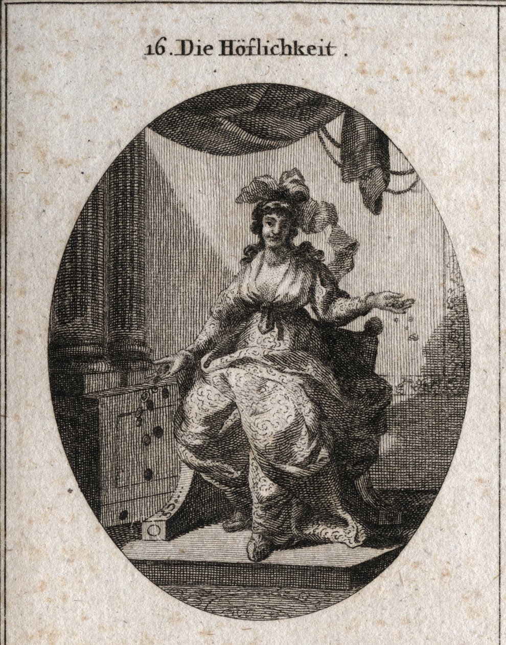 Allegoria della cortesia rappresentata da una donna ricca, graziosa e sorridente che distribuisce denaro e gioielli. Incisione in “Iconologie oder Ideen aus dem Gebiete der Leidenschaften und Allegorien bildich dargestellt fur Zeichner, Mahler, Dichter, Ge da Austrian School
