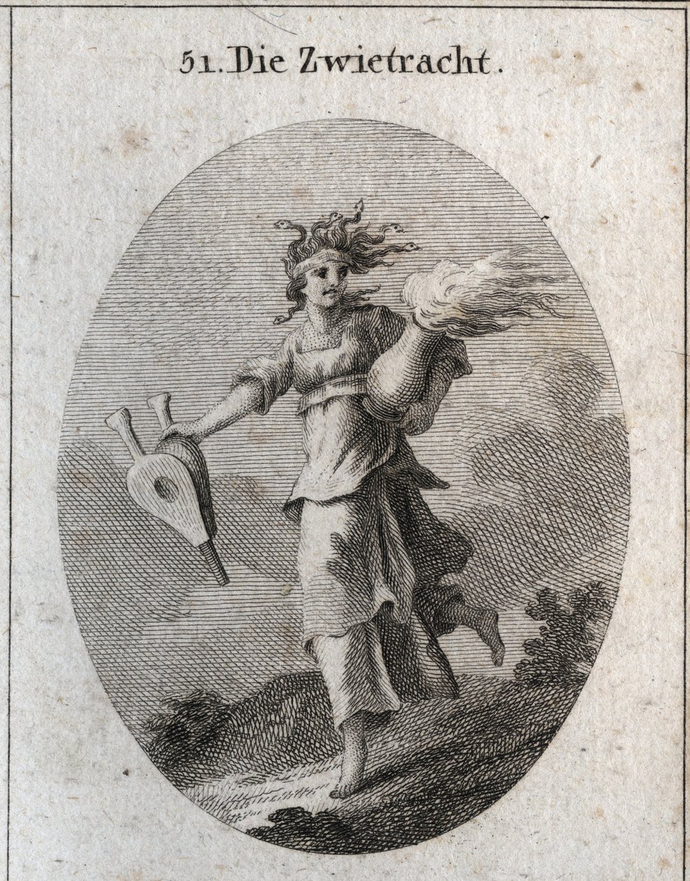 Allegoria della discordia. I suoi capelli sono formati da vipere e la sua fronte è una benda insanguinata. Un mantice in una mano e nell