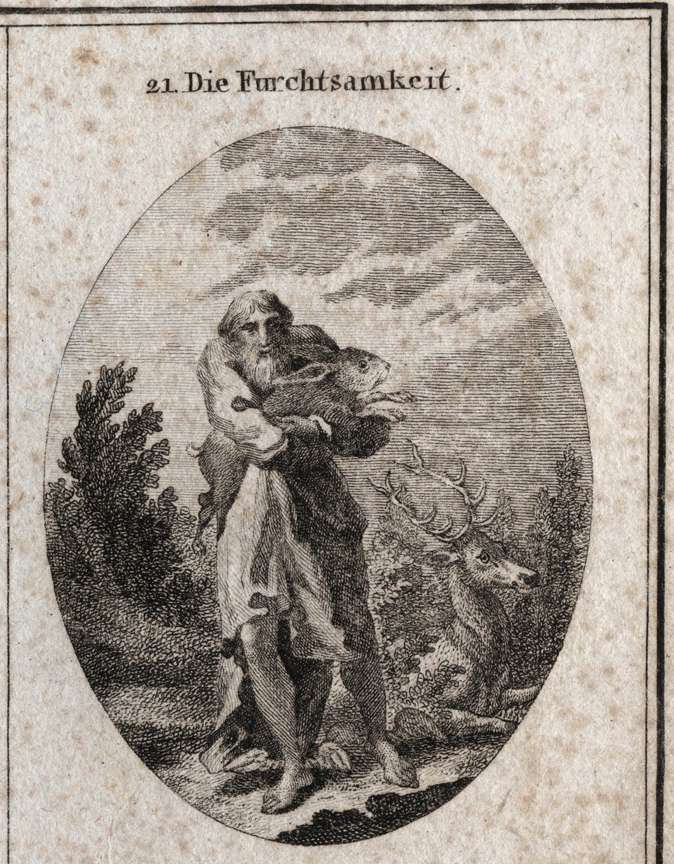 Allegoria della paura sotto le sembianze di un vecchio con ali ai piedi propense alla fuga. I suoi attributi sono la lepre e il cervo. Incisione in “Iconologie oder Ideen aus dem Gebiete der Leidenschaften und Allegorien bildich dargestellt fur Zeichner, M da Austrian School