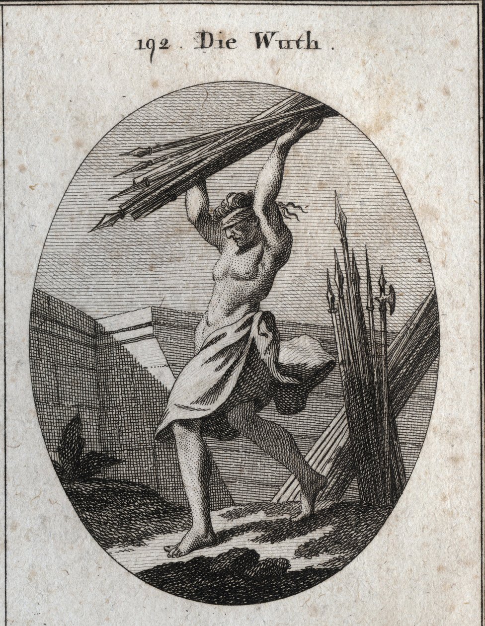 Allegoria della furia. Con una benda sugli occhi, lancia un fascio di armi di vario genere per segnare il suo trionfo nella guerra, nei massacri e nei combattimenti. Incisione in "Iconologie oder Ideen aus dem Gebiete der Leidenschaften und Allegorien bild da Austrian School