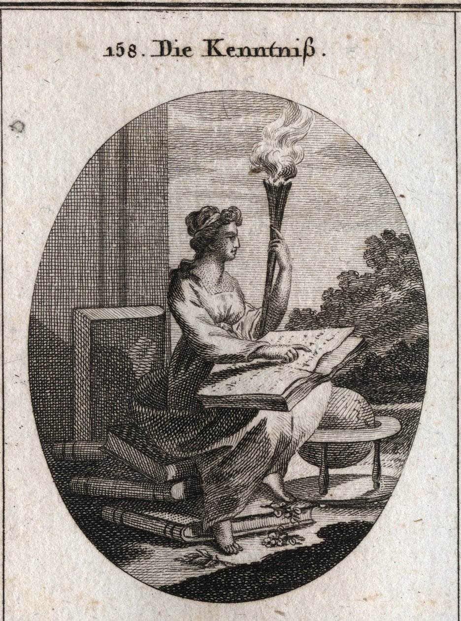 Allegoria della conoscenza basata su vari volumi di autori con un libro aperto sulle ginocchia. La torcia è allusiva alla luce che diffonde nelle anime. Incisione in "Iconologie oder Ideen aus dem Gebiete der Leidenschaften und Allegorien bildich dargestel da Austrian School