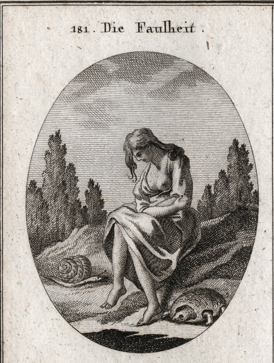 Allegoria della pigrizia. Tiene le braccia incrociate. I suoi attributi sono una tartaruga e una lumaca. Incisione in "Iconologie oder Ideen aus dem Gebiete der Leidenschaften und Allegorien bildich dargestellt fur Zeichner, Mahler, Dichter, Gelehrte, Erzi da Austrian School