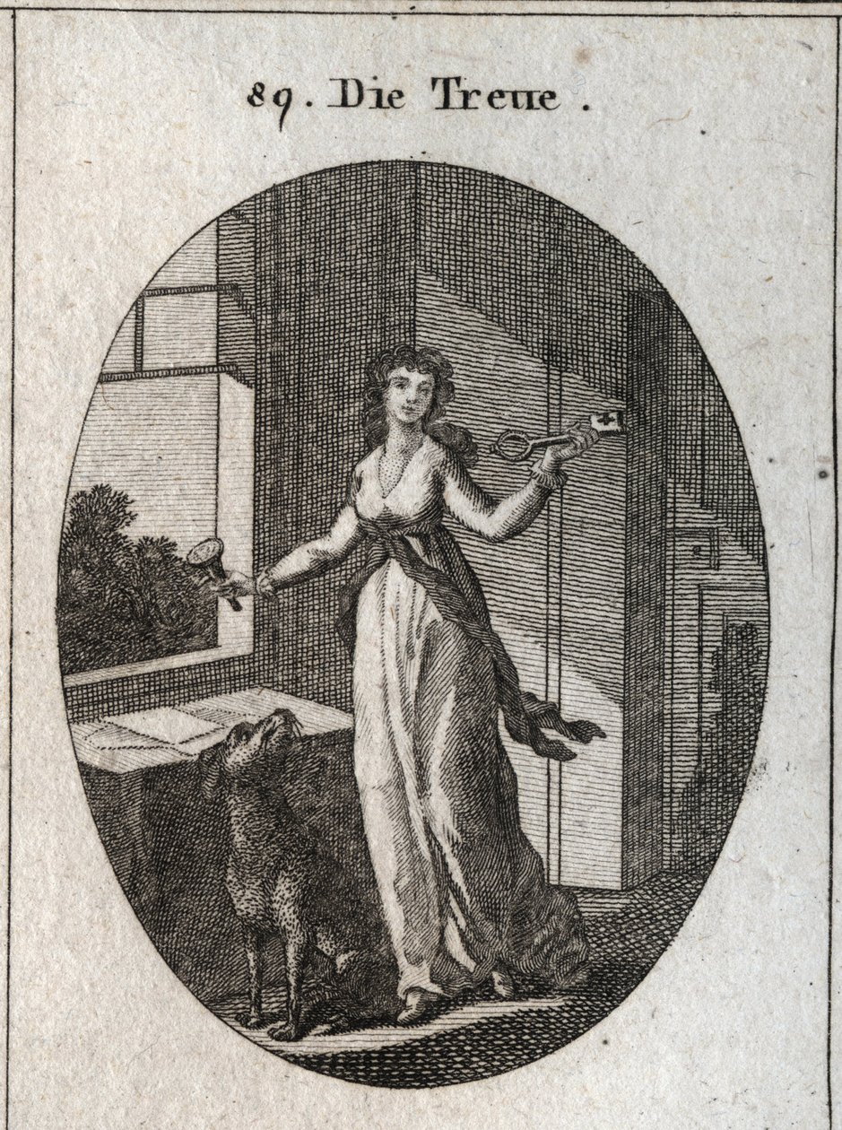 Allegoria della lealtà i cui simboli sono la chiave, il sigillo e il cane. Incisione in “Iconologie oder Ideen aus dem Gebiete der Leidenschaften und Allegorien bildich dargestellt fur Zeichner, Mahler, Dichter, Gelehrte, Erzieher und freunde Hoherer Gesch da Austrian School