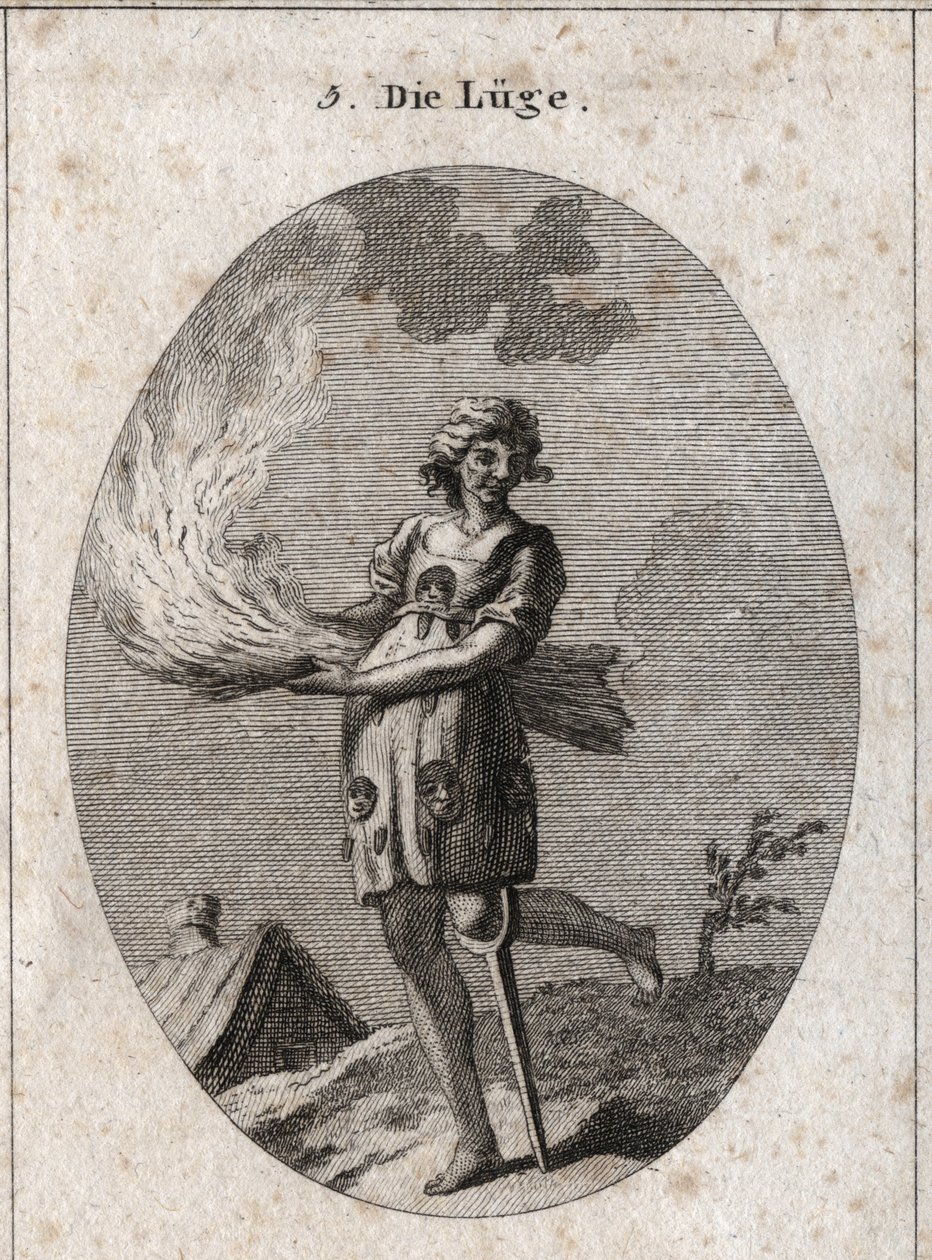 Allegoria della menzogna rappresentata brutta, con capelli e vestiti cattivi. Il suo abbigliamento è pieno di lingue e maschere. La paglia ardente illustra la mancanza di sostanza delle sue parole e la gamba di legno, la poca solidità. Incisione in 