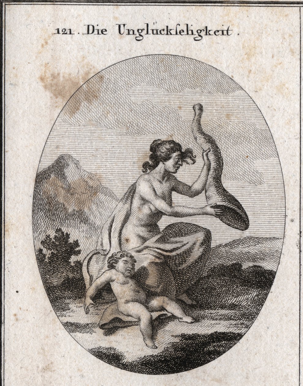 Allegoria della sfortuna rappresentata magra ed estesa. I suoi attributi sono un corno dell
