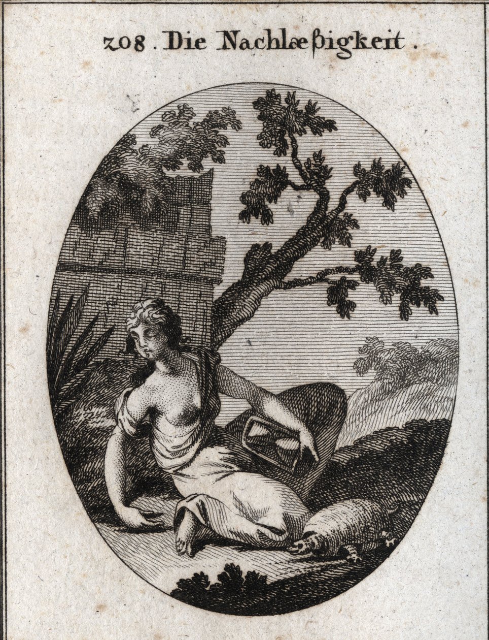 Allegoria della negligenza. Tiene un orologio con una clessidra rovesciata. La tartaruga è l