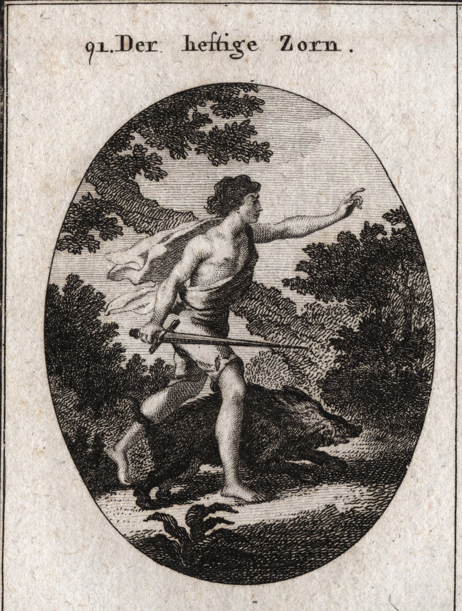Allegoria della passione rappresentata da un adolescente con una spada. Il suo attributo è un cinghiale irritante, un animale che combatte sempre senza riguardo per il pericolo. Incisione in "Iconologie oder Ideen aus dem Geb" da Austrian School