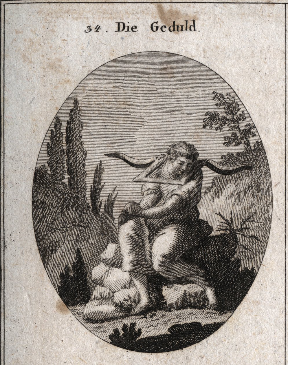 Allegoria della pazienza seduta su ciottoli, piedi tra le spine, mani giunte e giogo sulle spalle. Incisione in "Iconologie oder Ideen aus dem Gebiete der Leidenschaften und Allegorien bildich dargestellt fur Zeichner, Mahler, Dichter, Gelehrte, Erzieher" da Austrian School