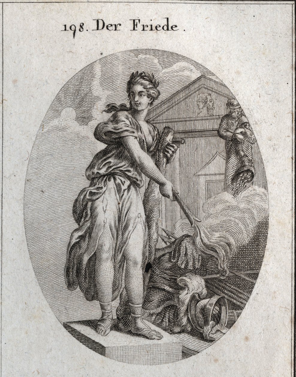 Allegoria della pace. Indossa una corona di ulivi e tiene una clava mentre brucia con una torcia un trofeo di armi. Dietro di lei, la statua di Plutone significa che abbondanza e ricchezza sono i suoi benefici. Incisione in "Iconologie oder Ideen aus dem G da Austrian School