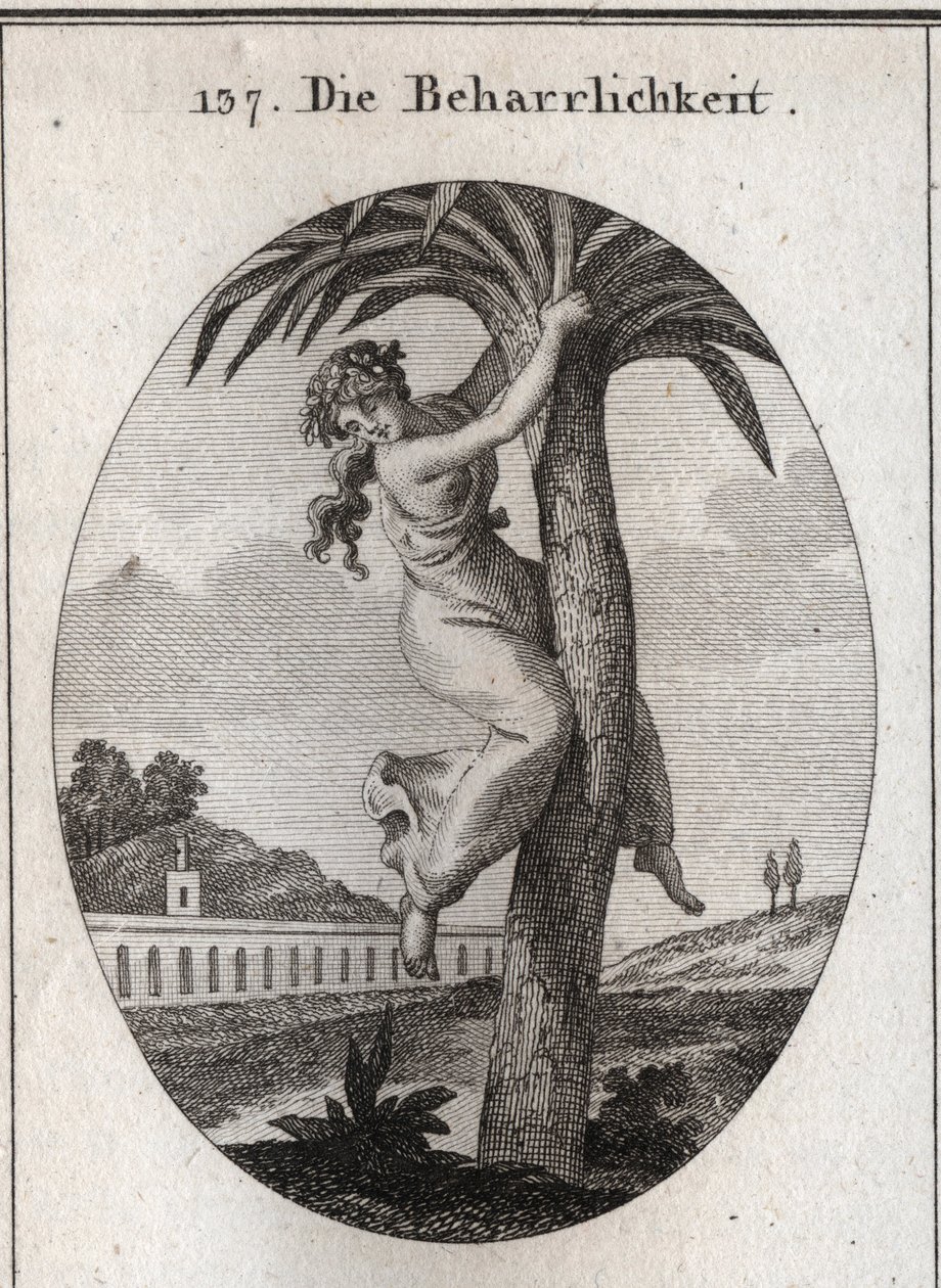 Allegoria della perseveranza. La palma, a cui è legata una giovane ragazza, è il simbolo della virtù. Guarda la terra con disprezzo. Incisione in "Iconologie oder Ideen aus dem Gebiete der Leidenschaften und Allegorien bildich dargestellt fur Zeichner, Mah da Austrian School