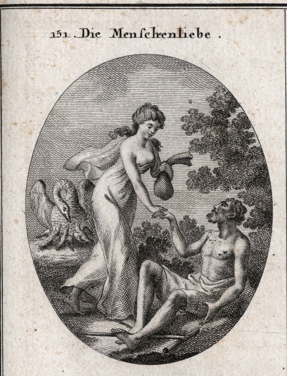 Allegoria della filantropia. Tiene una borsa e viene in soccorso di un povero a cui tende la mano. Il suo attributo è un pellicano che apre il petto per nutrire i suoi piccoli. Incisione in "Iconologie oder Ideen aus dem Gebiete der Leidenschaften und Alle da Austrian School