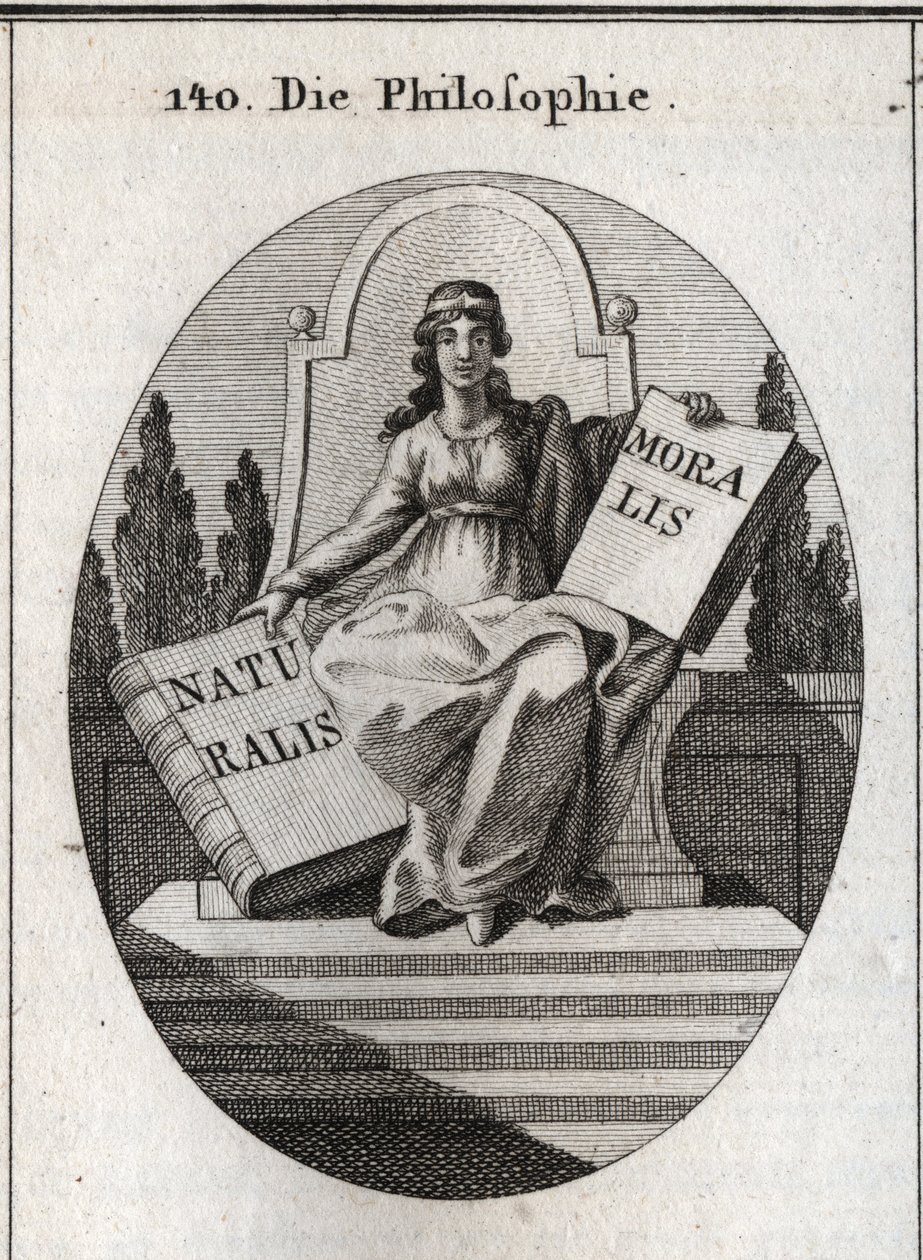 Allegoria della filosofia seduta su un trono di marmo sopra diversi gradini. Ha un diadema dorato sulla fronte e tiene due libri aperti “Naturalis” (Natura) e “Moralis” (Morale). Incisione in “Iconologie oder Ideen aus dem Gebiete der Leidenschaften und Al da Austrian School