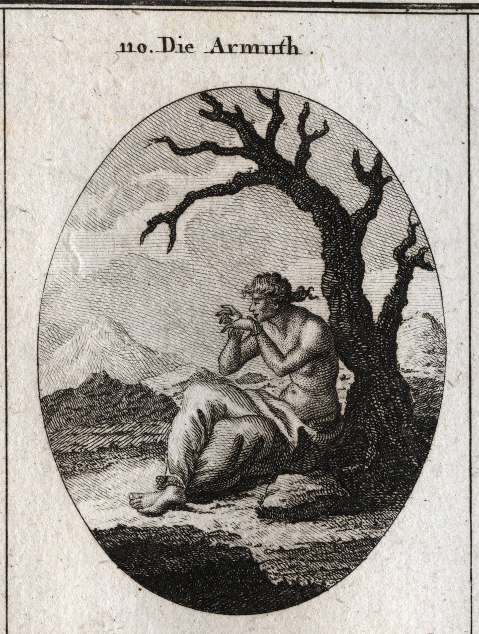Allegoria della povertà seduta ai piedi di un albero secco che cresce in un terreno arido. I suoi piedi e le sue mani sono legati e cerca di sciogliere i suoi legami con i denti; Incisione in "Iconologie oder Ideen aus dem Gebiete der Leidenschaften und Al da Austrian School