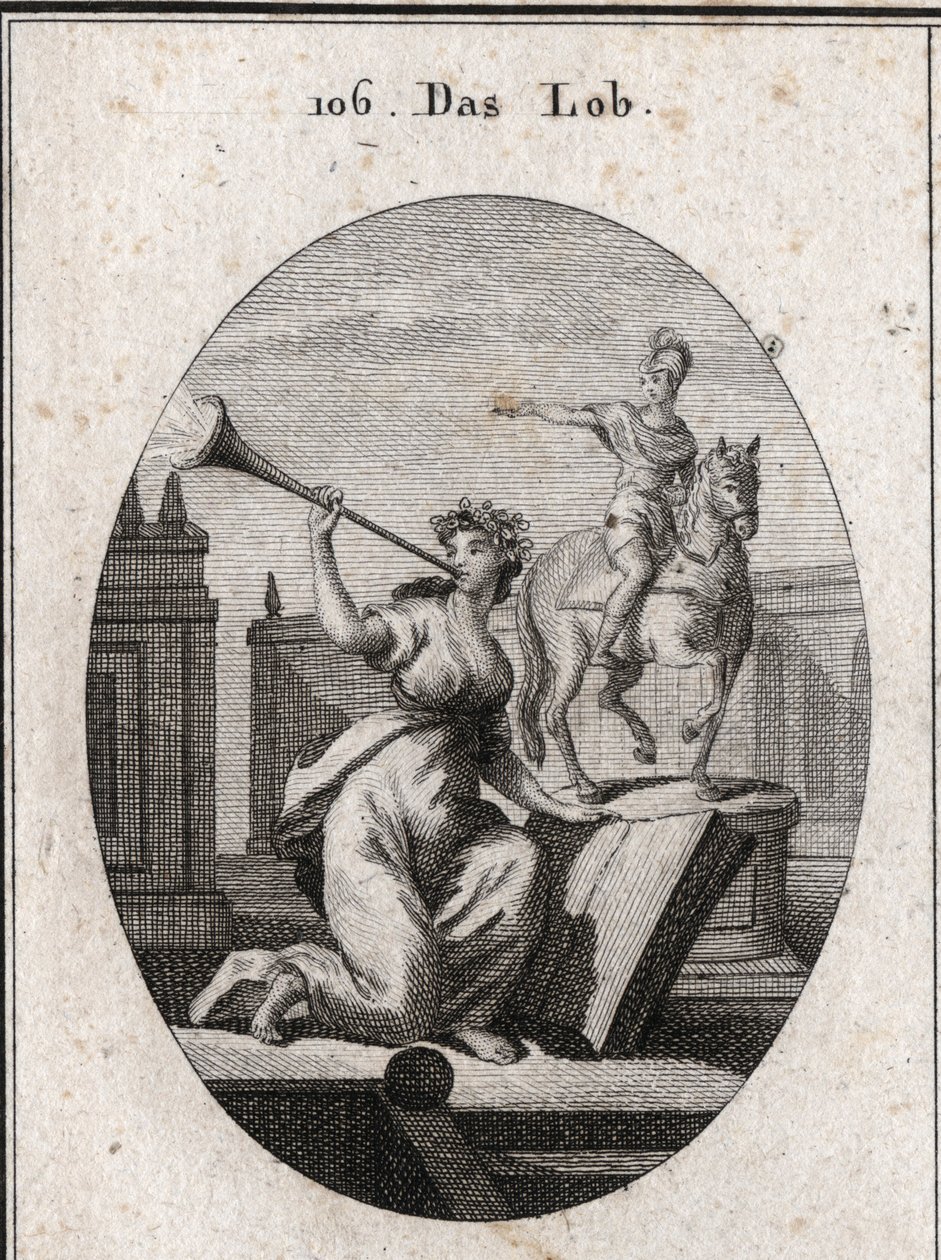 Allegoria della lode che tiene un libro per mostrare che passa alla posterità attraverso l