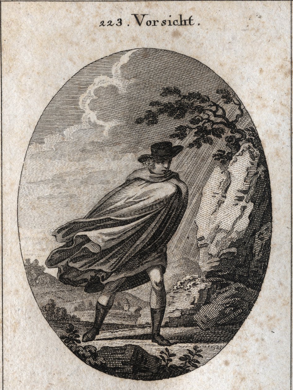 Allegoria della provvidenza. Espressione: Quando il tempo è bello, prendi il cappotto, quando piove, prendilo, se vuoi. Incisione in “Iconologie oder Ideen aus dem Gebiete der Leidenschaften und Allegorien bildich dargestellt fur Zeichner, Mahler, Dichter, da Austrian School