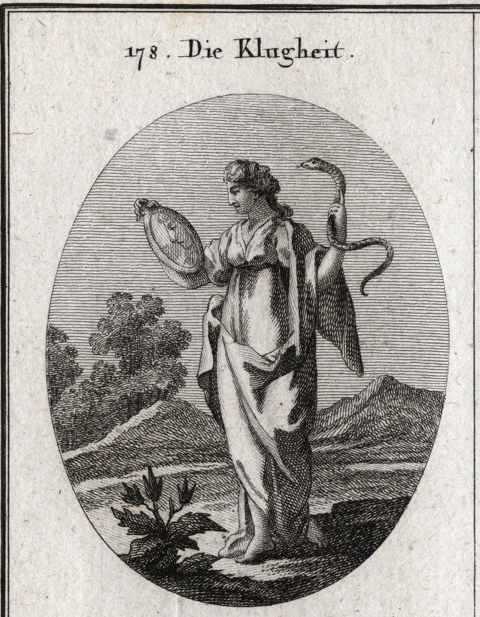 Allegoria della prudenza, i suoi attributi ordinari sono lo specchio e il serpente. Ha due volti, uno giovane per l