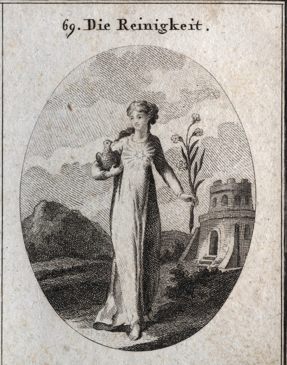 Allegoria della purezza. I suoi attributi sono la colomba e il giglio, simboli di candore. Incisione in "Iconologie oder Ideen aus dem Gebiete der Leidenschaften und Allegorien bildich dargestellt fur Zeichner, Mahler, Dichter, Gelehrte, Erzieher und freun da Austrian School