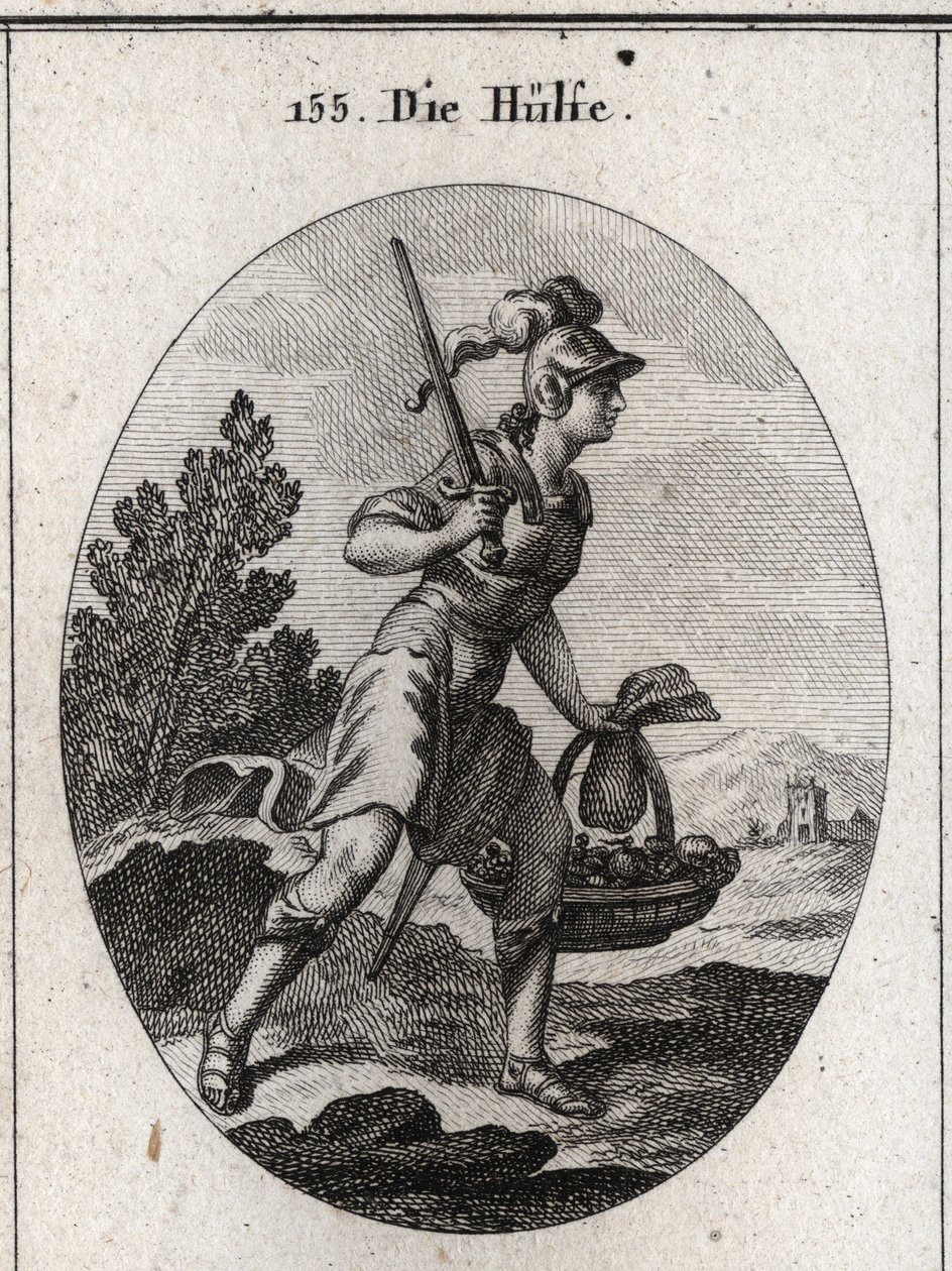 Allegoria del soccorso rappresentata in armatura con una spada. Porta una borsa e un cesto pieno di cibo per simboleggiare il soccorso nelle calamità e nella carestia. Cammina velocemente. Incisione in "Iconologie oder Ideen aus dem Gebiete der Leidenschaf da Austrian School