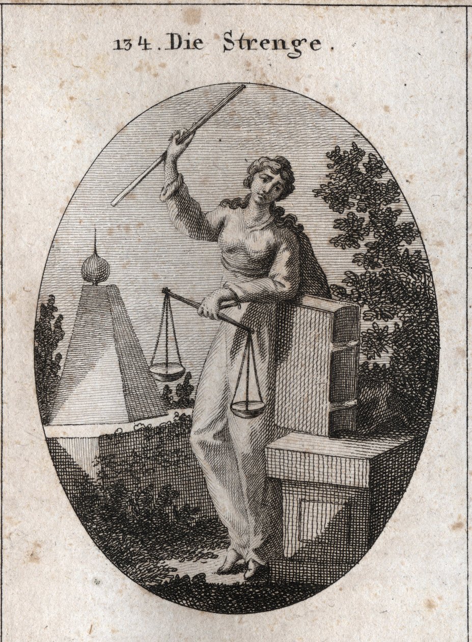 Allegoria della rigore rappresentata sotto un aspetto di ferocia tenendo con la mano destra una verga di ferro alta e appoggiandosi con la sinistra sul libro delle leggi. Ha nella stessa mano una bilancia, una delle quali prevale sull