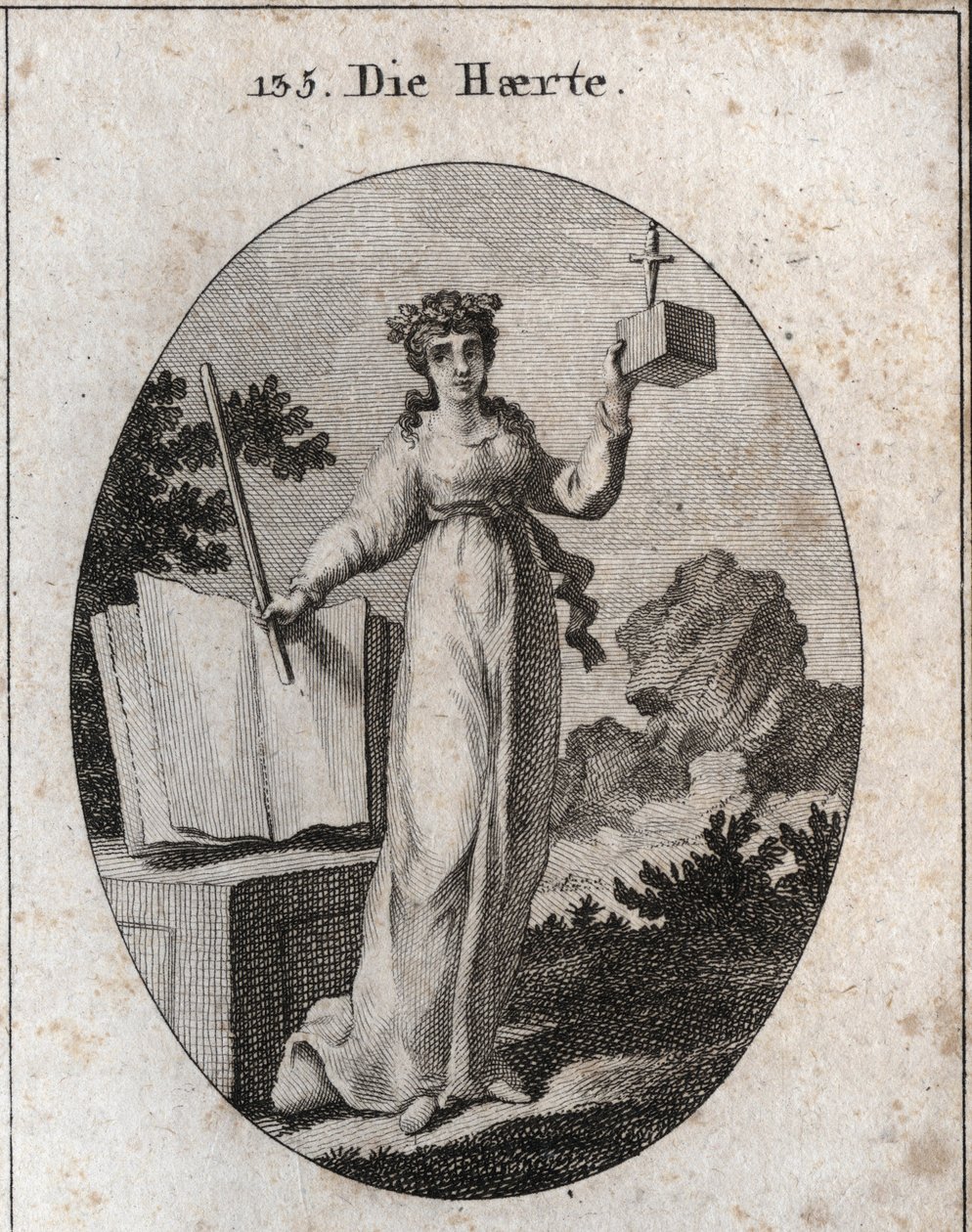 Allegoria della severità coronata con un ramo di quercia, attributo della forza. Si appoggia su un libro di leggi e tiene una verga di ferro. Il cubo in cui un pugnale rallenta i desideri segna la sua vicinanza e la sua inflessibilità. Incisione in "Iconol da Austrian School