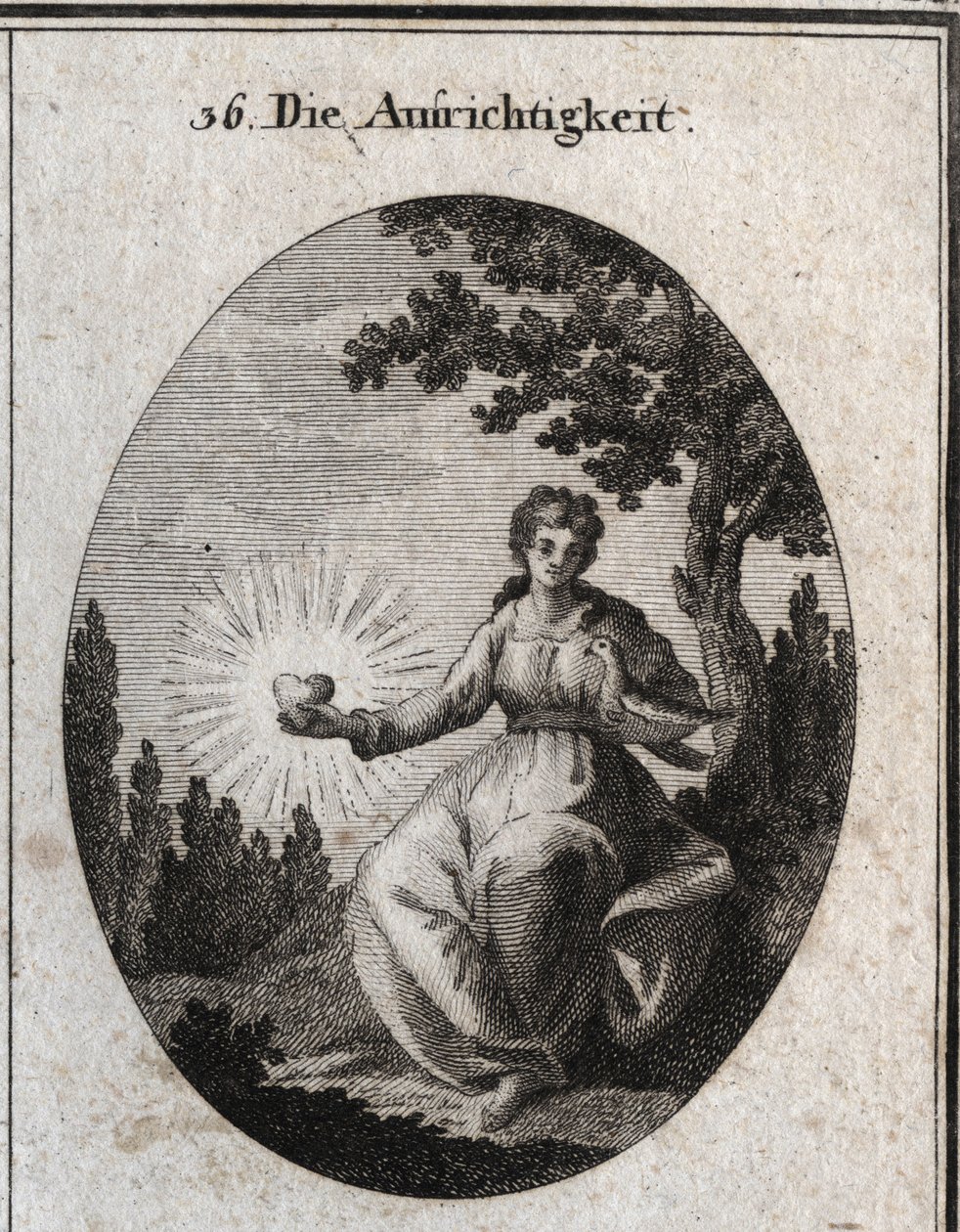 Allegoria della sincerità che tiene una colomba contro il petto e presenta un cuore radiante. Incisione in "Iconologie oder Ideen aus dem Gebiete der Leidenschaften und Allegorien bildich dargestellt" da Austrian School