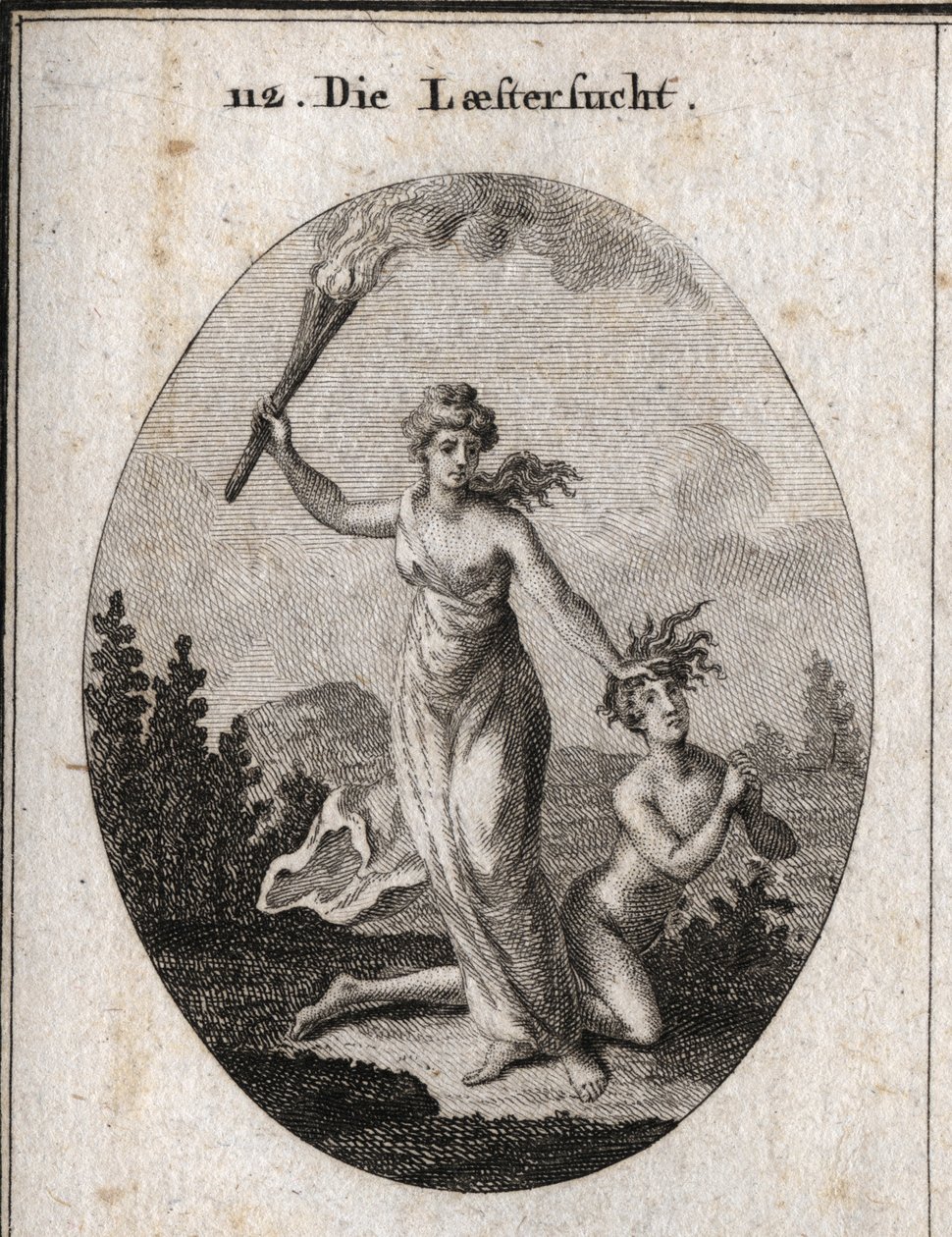 Allegoria della calunnia che tiene una torcia accesa e trascina senza pietà un adolescente nudo che giunge le mani e guarda il cielo. Incisione in "Iconologie oder Ideen aus dem Gebiete der Leidenschaften und Allegorien bildich dargestellt fur Zeichner, Ma da Austrian School