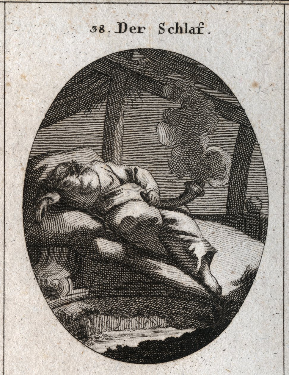 Allegoria del sonno su un letto di ebano vicino al quale scorre un ruscello. Tiene un cono nero e lucido da cui esce un vapore che significa sogni. Incisione in "Iconologie oder Ideen aus dem Gebiete der Leidenschaften und Allegorien bildich dargestellt" da Austrian School