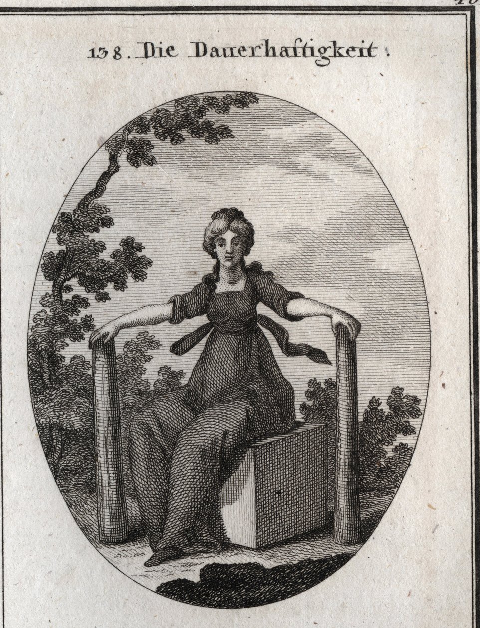 Allegoria della stabilità seduta su un cubo di marmo con due pile piantate a piombo nella terra. Incisione in “Iconologie oder Ideen aus dem Gebiete der Leidenschaften und Allegorien bildich dargestellt fur Zeichner, Mahler, Dichter, Gelehrte, Erzieher und da Austrian School