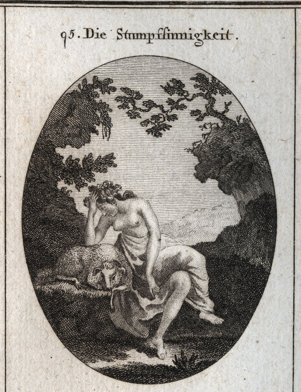 Allegoria della stupidità. È appoggiata a una pecora, animale naturalmente stupido. Incisione in "Iconologie oder Ideen aus dem Gebiete der Leidenschaften und Allegorien bildich dargestellt fur Zeichner, Mahler, Dichter, Gelehrte, Erzieher und freunde Hohe da Austrian School