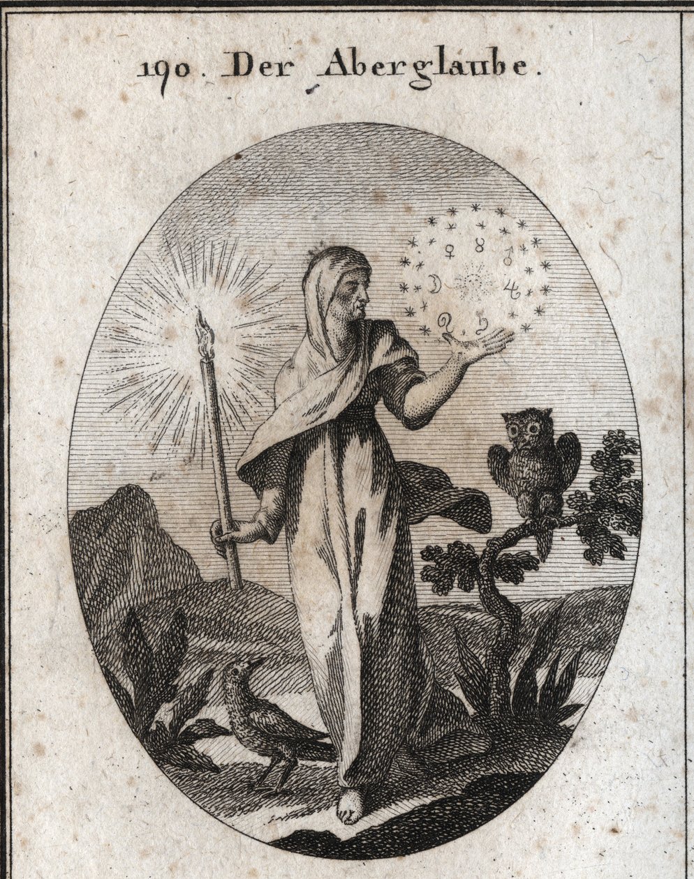 Allegoria della superstizione. Tiene una candela accesa e un cerchio di stelle. da Austrian School