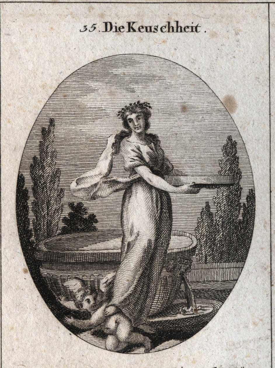 Allegoria della castità con una corona di cannella, simbolo della castità tra gli egiziani, e uno schermo pieno d