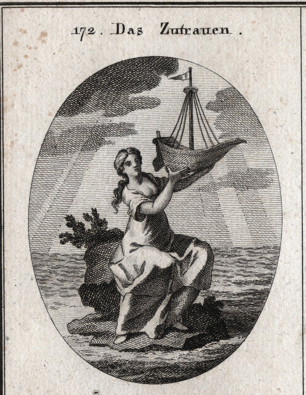 Allegoria della fiducia rappresentata da una donna seduta su un luogo in mezzo al mare e che tiene in mano una nave che ha sollevato. Incisione in “Iconologie oder Ideen aus dem Gebiete der Leidenschaften und Allegorien bildich dargestellt fur Zeichner, Ma da Austrian School