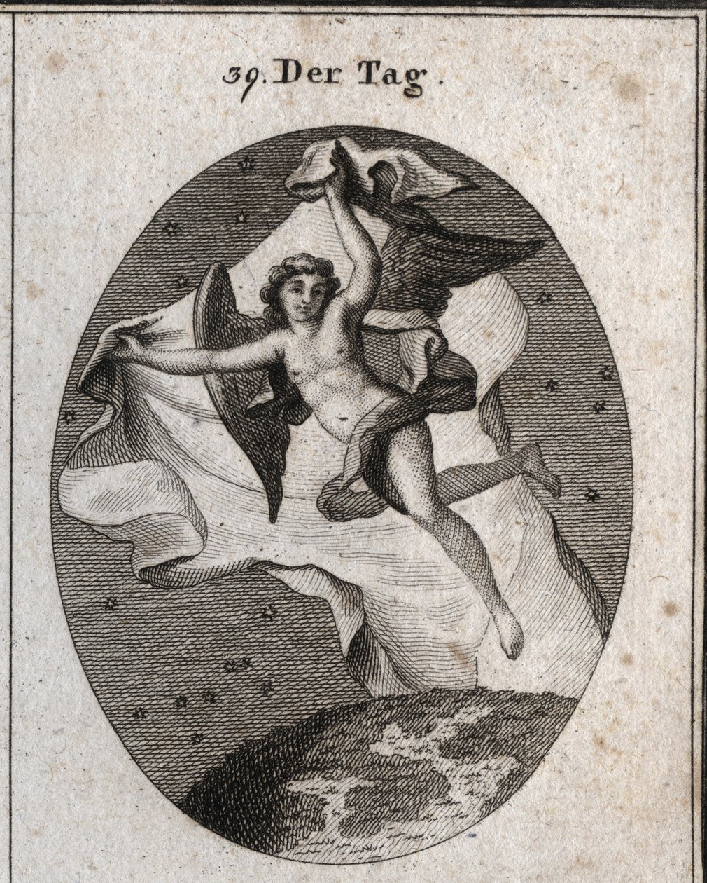 Allegoria del giorno che vola rapidamente e nasconde la notte e le stelle usando un grande velo luminoso. Incisione in "Iconologie oder Ideen aus dem Gebiete der Leidenschaften und Allegorien bildich dargestellt fur Zeichner, Mahler, Dichter, Gelehrte, Erz da Austrian School