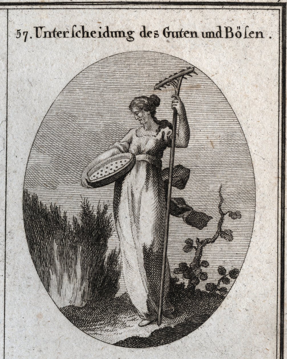 Allegoria della distinzione tra bene e male. Il setaccio separa il buon grano dalla pula e il rastrello viene utilizzato per rimuovere le erbacce. Incisione in "Iconologie oder Ideen aus dem Gebiete der Leidenschaften und Allegorien bildich dargestellt fur da Austrian School
