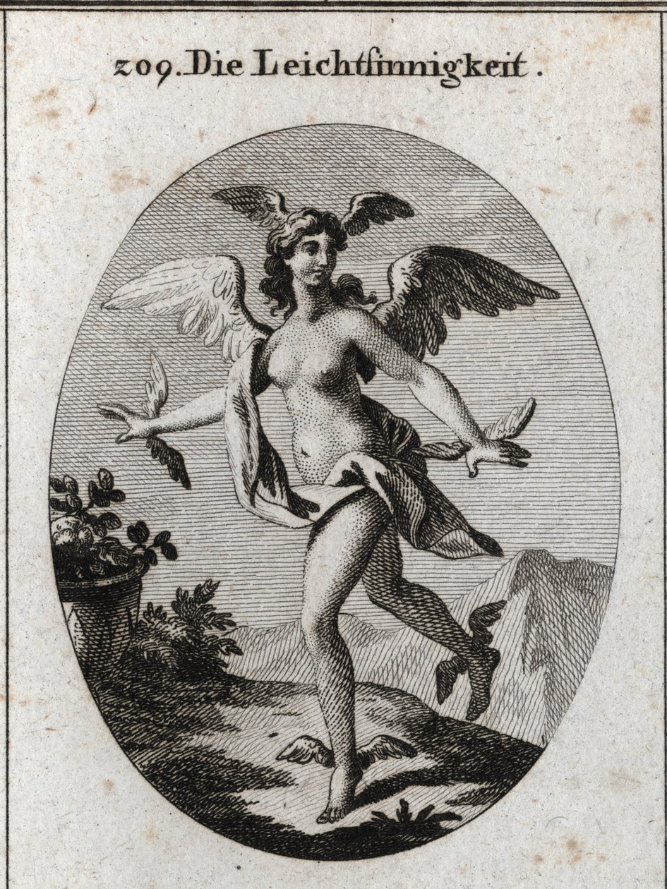 Allegoria della luce. Ha ali sulla testa, spalle, piedi e mani. Incisione in "Iconologie oder Ideen aus dem Gebiete der Leidenschaften und Allegorien bildich dargestellt fur Zeichner, Mahler, Dichter, Gelehrte, Erzieher und freunde Hoherer Geschmacksbildun da Austrian School