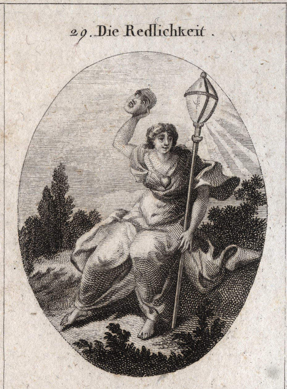 Allegoria della lealtà (o sincerità) che getta una maschera, attributo della finzione e della menzogna. Il suo emblema è una lanterna di cristallo, simbolo della luce. Un cuore è disegnato sul suo petto. Incisione in 