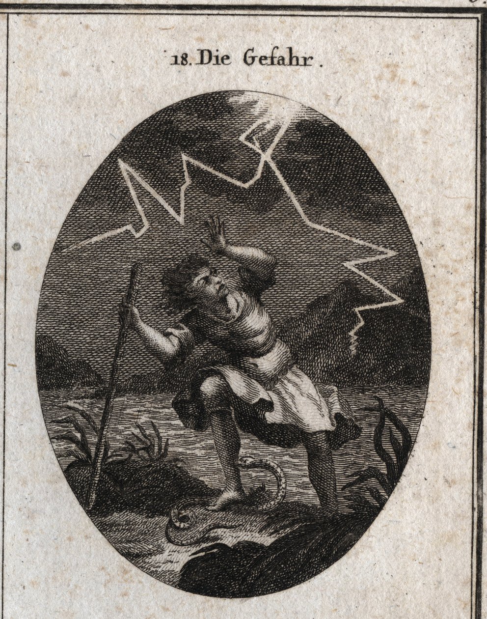 Allegoria del pericolo rappresentata da un giovane che sfugge a un torrente veloce mettendo piede su un serpente che lo punge e allo stesso tempo un fulmine colpisce dietro di lui. Incisione in “Iconologie oder Ideen aus dem Gebiete der Leidenschaften und  da Austrian School