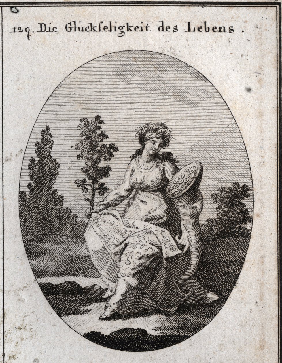 Allegoria della prosperità della vita. Riccamente vestita e coronata di uva e attributi di ricchezza e abbondanza. Il ramo di quercia pieno di foglie e frutti significa salute ma anche solidità e incorruttibilità. Incisione in “Iconologie oder Ideen aus de da Austrian School