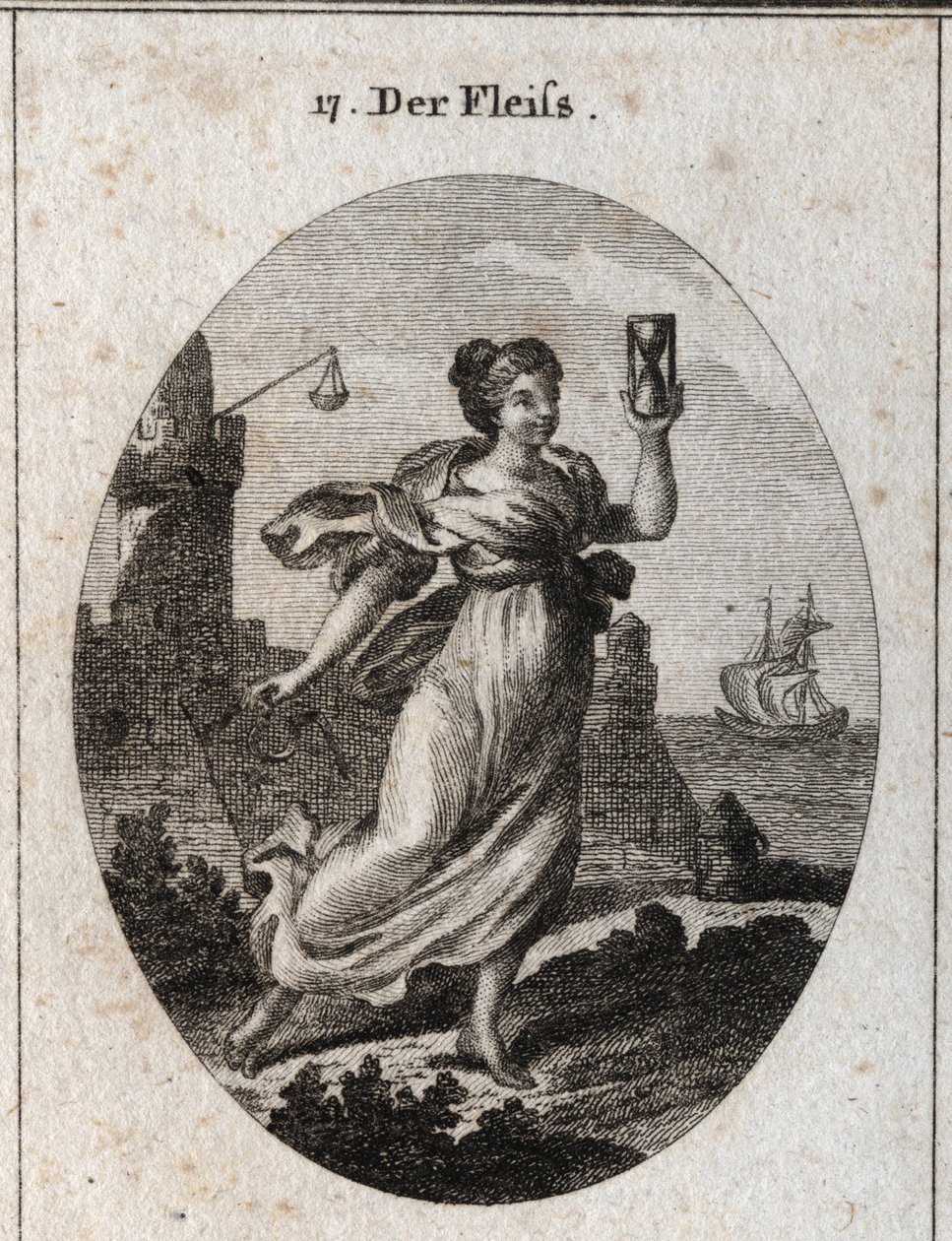 Allegoria della diligenza rappresentata che cammina veloce. I suoi attributi sono la clessidra e lo sperone, simbolo di attività e precisione. Incisione in "Iconologie oder Ideen aus dem Gebiete der Leidenschaften und Allegorien bildich dargestellt fur" da Austrian School