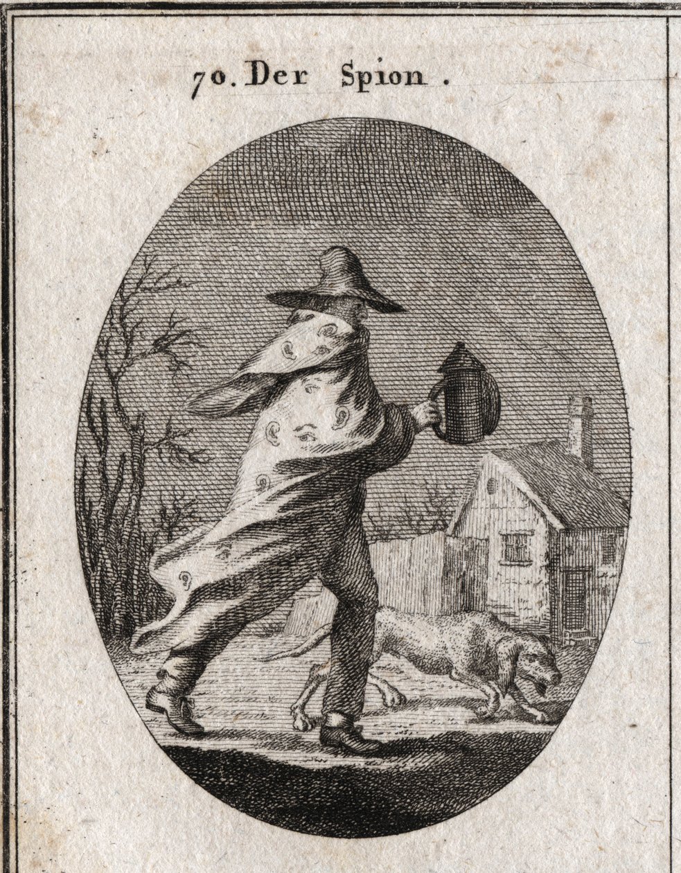 Allegoria della spia. Il suo mantello è disseminato di occhi e orecchie e tiene una lanterna sorda. Un cane bracco annusa il terreno. Incisione in "Iconologie oder Ideen aus dem Gebiete der Leidenschaften und Allegorien bildich dargestellt fur Zeichner, Ma da Austrian School