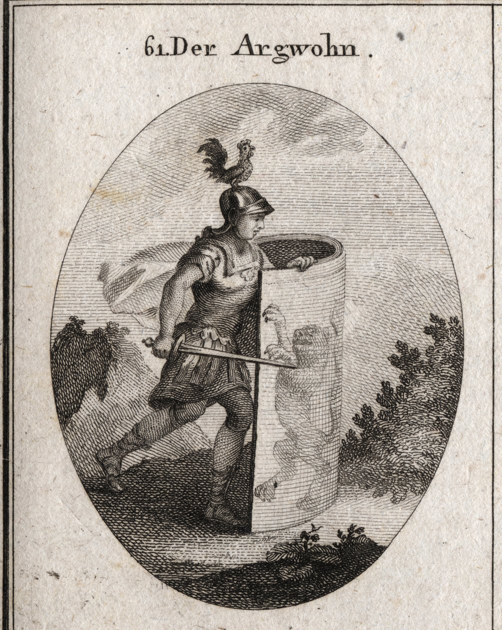 Allegoria del sospetto nascosta dietro uno scudo su cui si erge un leone, simbolo del sospetto secondo Aristotele, e un gallo sull