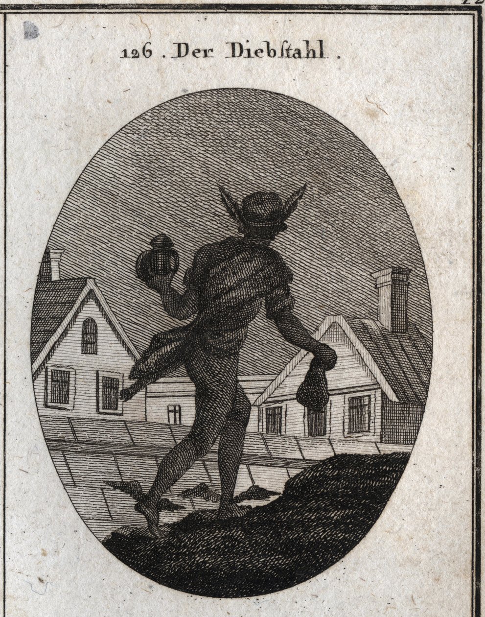 Allegoria del furto rappresentata da un uomo che cammina nella notte con una lanterna sorda e una borsa in mano. Le ali sui suoi piedi mostrano che è pronto a correre. Incisione in "Iconologie oder Ideen aus dem Gebiete der Leidenschaften und Allegorien bi da Austrian School