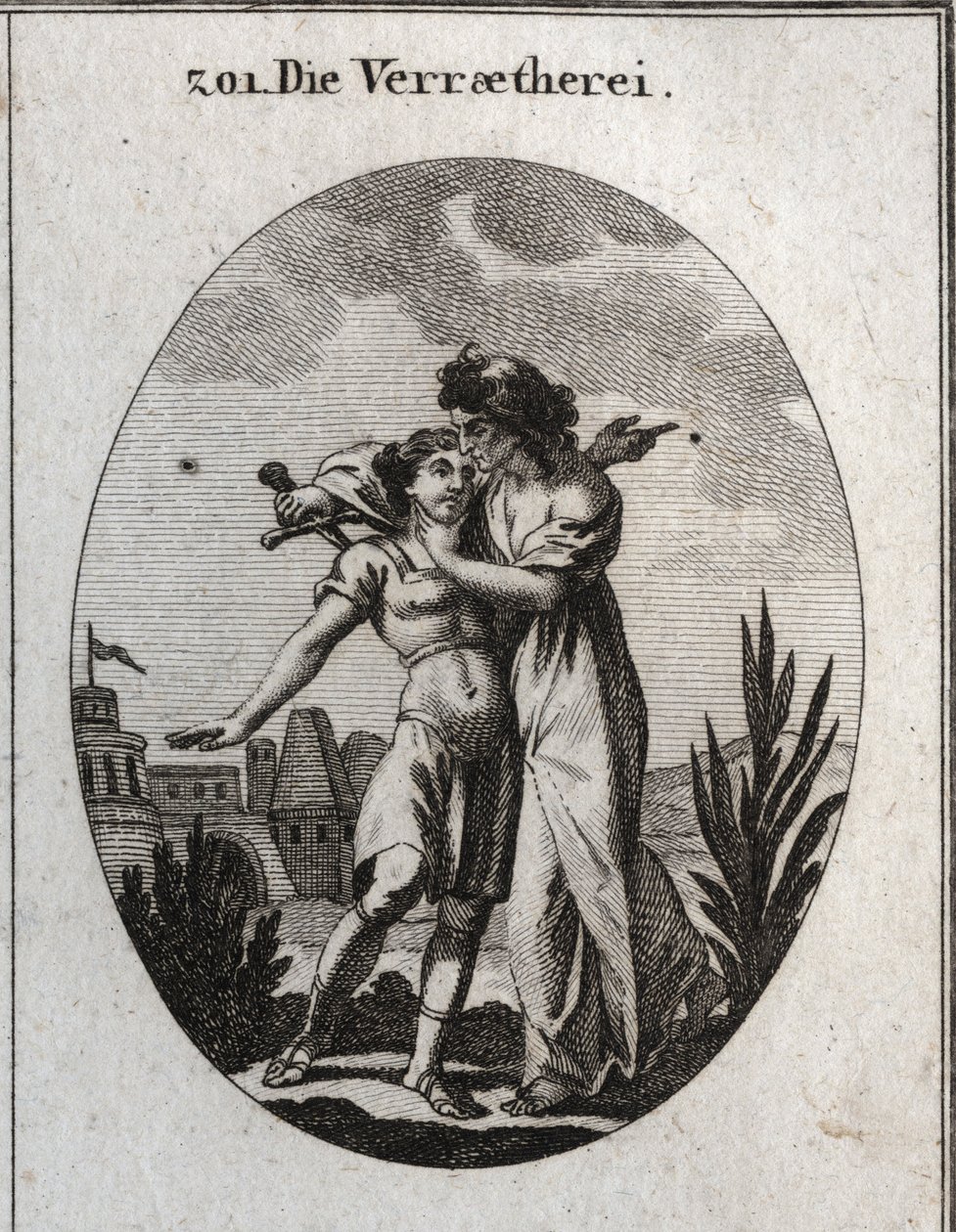 Allegoria del tradimento. Una terribile vecchia accarezza un bel giovane e allo stesso tempo si prepara a pugnalarlo. Incisione in “Iconologie oder Ideen aus dem Gebiete der Leidenschaften und Allegorien bildich dargestellt fur Zeichner, Mahler, Dichter, G da Austrian School