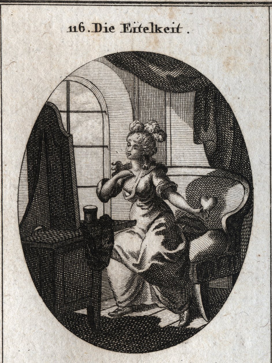 Allegoria della vanità. Desiderando piacere ed essere considerata, è rappresentata davanti al suo toilette lusingandosi davanti allo specchio con un cuore in mano. Incisione in "Iconologie oder Ideen aus dem Gebiete der Leidenschaften und Allegorien" da Austrian School