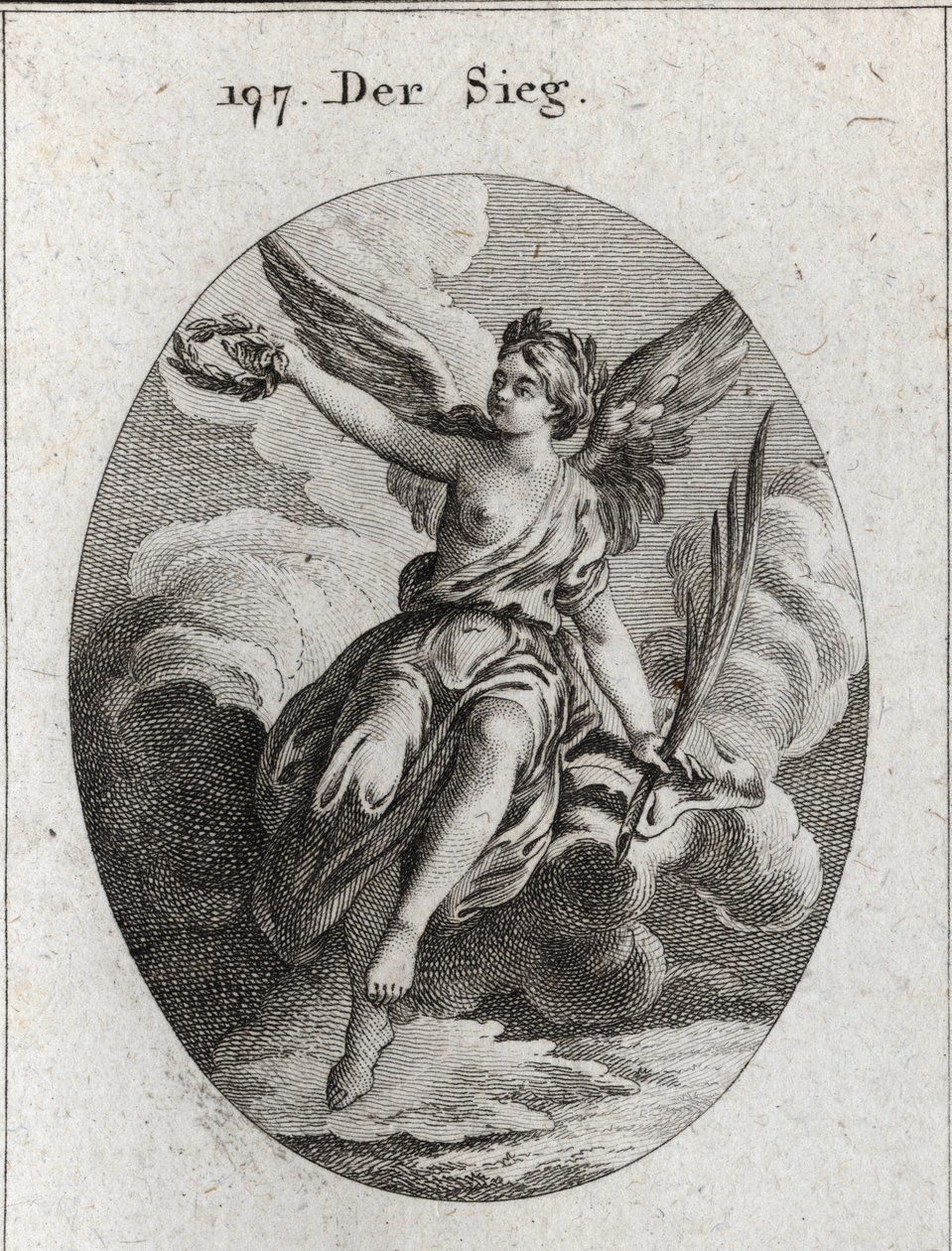 Allegoria della vittoria. Ha le ali e tiene una palma e una corona di alloro. Incisione in "Iconologie oder Ideen aus dem Gebiete der Leidenschaften und Allegorien bildich dargestellt fur Zeichner, Mahler, Dichter, Gelehrte, Erzieher und freunde Hoherer Ge da Austrian School