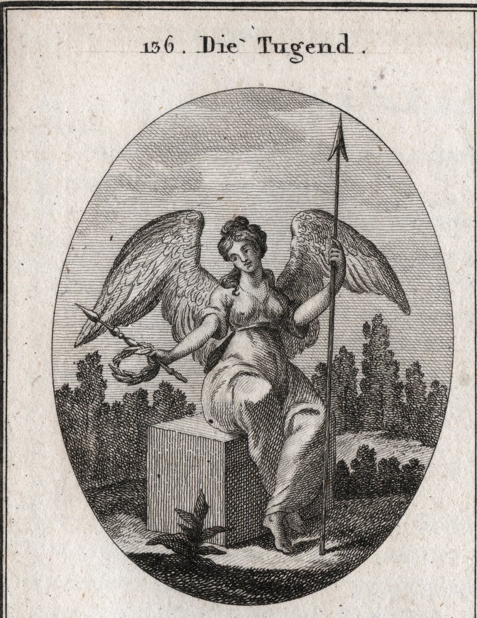 Allegoria della virtù. Il cubo di marmo su cui siede desidera la solidità, e le sue ali spiegate significano che sta sopra il volgare. Incisione in "Iconologie oder Ideen aus dem Gebiete der Leidenschaften und Allegorien bildich dargestellt fur Zeichner" da Austrian School
