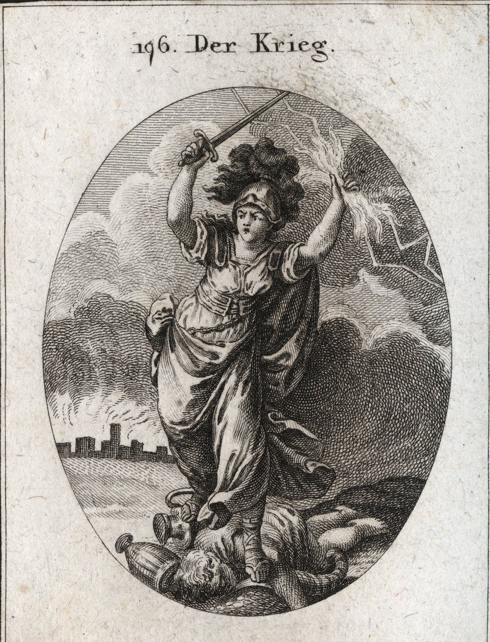Allegoria della guerra. Tiene un fulmine e una spada nuda e calpesta vasi d