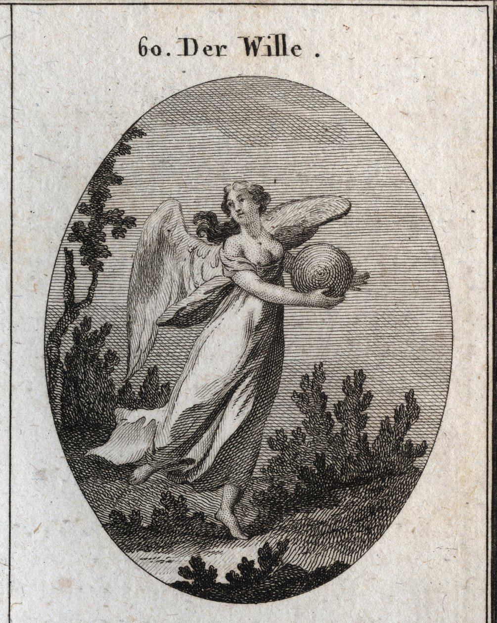 Allegoria della volontà. È rappresentata con ali e tiene una palla di diversi colori. Incisione in "Iconologie oder Ideen aus dem Gebiete der Leidenschaften und Allegorien bildich dargestellt fur Zeichner, Mahler, Dichter, Gelehrte, Erzieher und freunde Ho da Austrian School