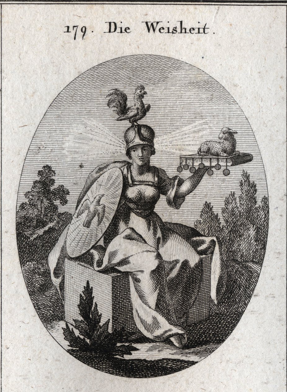 Allegoria della saggezza. I suoi abiti e le sue armi bianche definiscono la sua forza e purezza. Il gallo sul suo elmo è il simbolo della sua intelligenza e vigilanza. I raggi di luce che escono dalle sue tempie significano dignità e santità. Il libro ferm da Austrian School