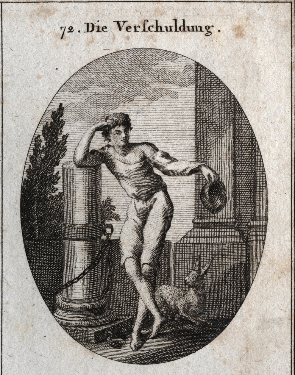 Allegoria del debito. La lepre e il cappello (verde) che tiene, così come la catena attaccata alla colonna in rovina, sono gli emblemi che indicano che il debitore ha sempre paura che l
